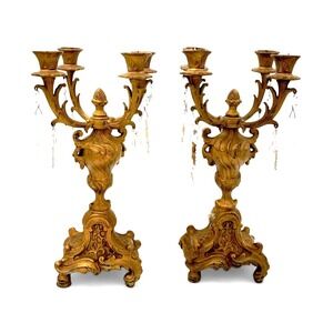 Pair of Vintage Ornate Brass 5-Light Candelabras with Crystals & Pineapple